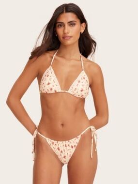 Cream Floral Tie-Side Triangle Bikini Set
